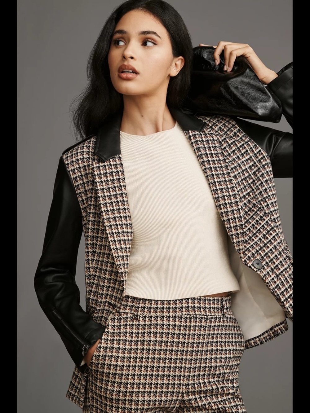 Anthropologie Menswear Fabric Mix Houndstooth Plaid Blazer